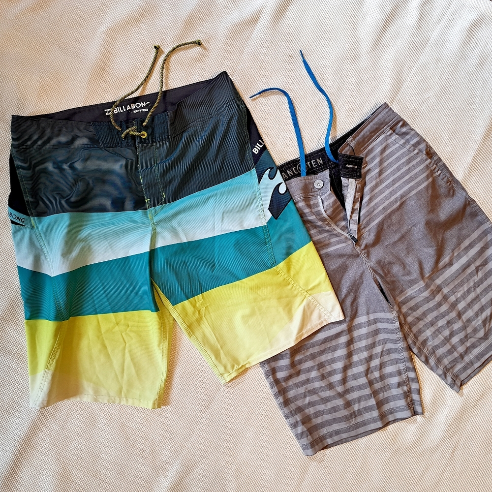 Two mens beach shorts, billabong and hangten size 34. Yellow blue and gray.